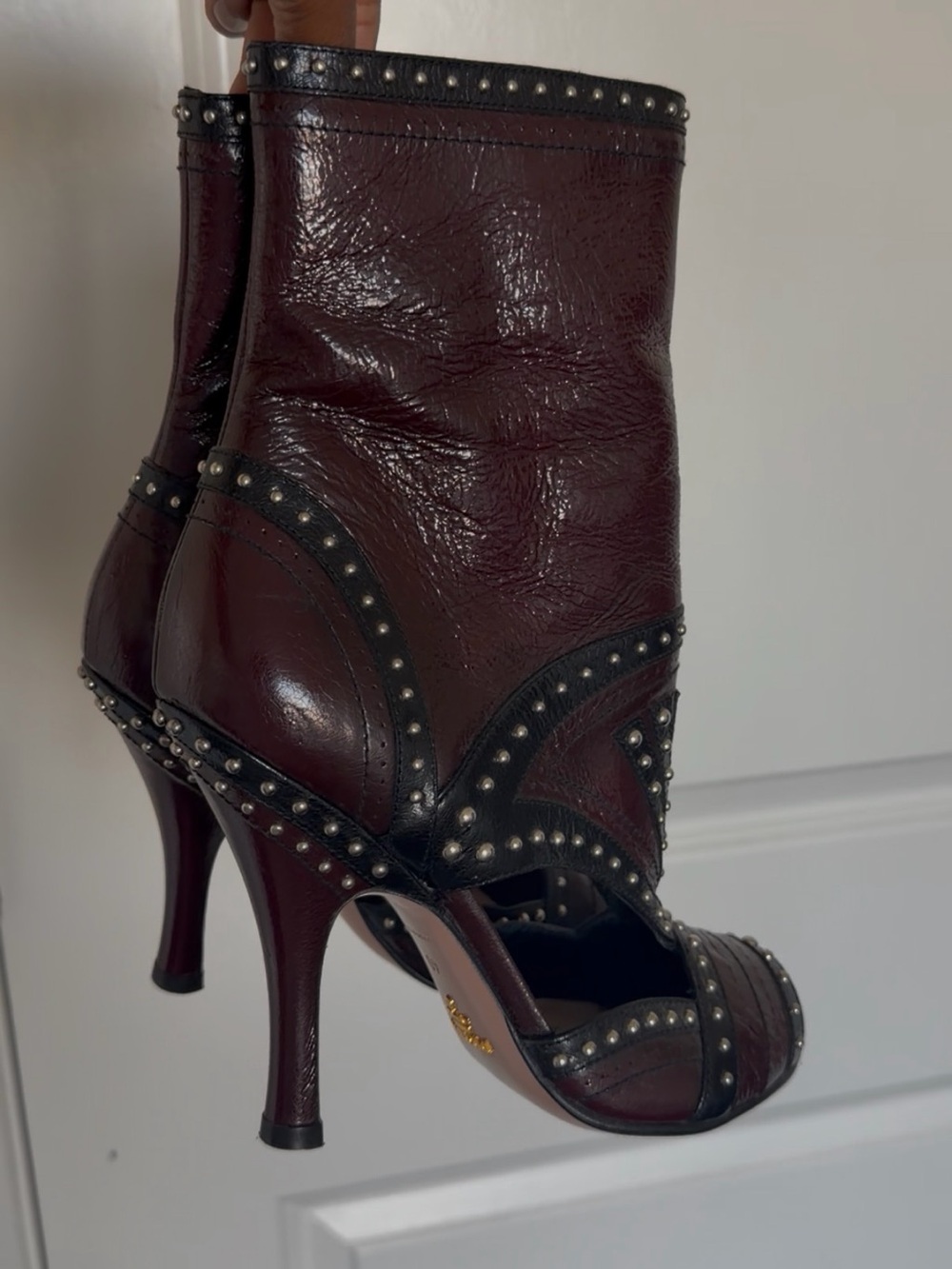 Prada Burgundy and Black Studded Leather Peep-Toe Ankle Boots - Picture 4 of 5